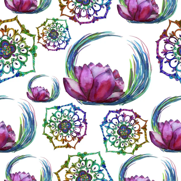 Lotus and mandala esoteric seamless pattern in watercolor — ストック写真