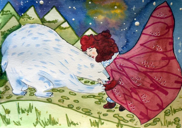 Digital painting of girl hugging white bear in winter outdoor, watercolor on paper texture — Stock Photo, Image