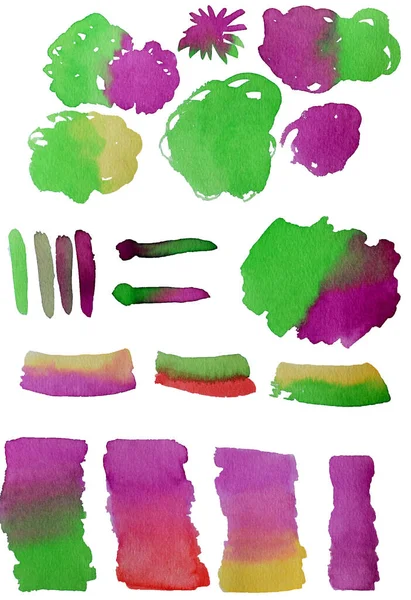 Συλλογή λεκέδων ζωγραφισμένα στο χέρι με ακουαρέλα που απομονώνονται σε λευκό φόντο. Δέσμη κηλίδες χρώματος διαφορετικού σχήματος και χρώματος. Σύνολο στοιχείων σχεδίασης aquarelle — Φωτογραφία Αρχείου
