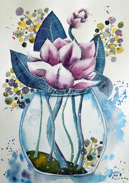 Nénuphar ou lotus dans un vase aquarelle fond — Photo