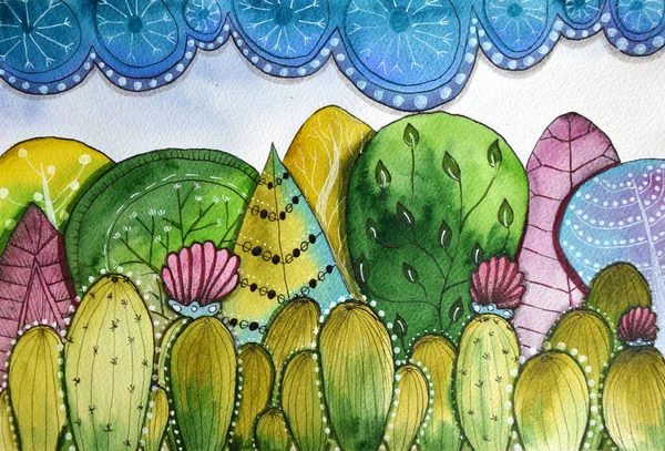 Акварель розписаний пейзаж кактусів ліс і небо — стокове фото