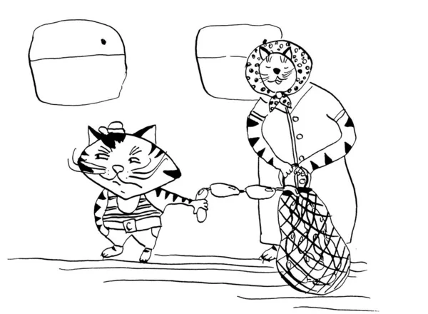 Кот крадет еду - сосиски у женщины в автобусе. Иллюстрация. Черно-белый рисунок — стоковое фото