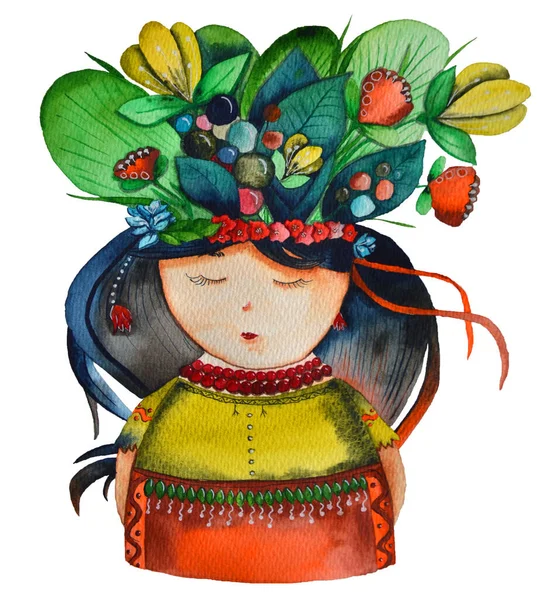 Українська дівчина з квітами в голові і національними сукнями. — стокове фото