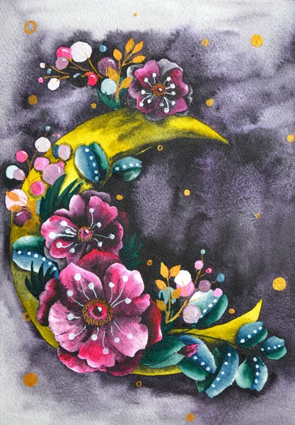 Croissant de lune avec composition florale. Illustration à l'aquarelle de style bohème tendance avec anémones roses et feuilles sur fond bleu foncé — Photo
