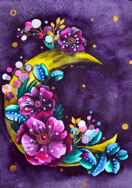 Luna creciente con composición floral. Ilustración de acuarela de estilo bohemio de moda con anémonas rosas y hojas sobre fondo azul oscuro — Foto de Stock