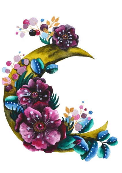 Luna creciente con composición floral. Ilustración de acuarela de estilo bohemio de moda con anémonas rosadas y hojas — Foto de Stock