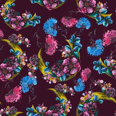 Ay, güller, koniler, ladin dalları, kır çiçekleri ve böğürtlenli suluboya desenleri beyaz arka planda, Kış