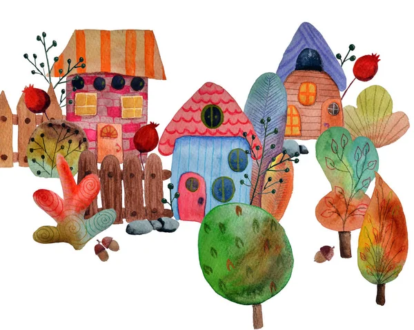 Akvarel ručně malované fantasy set: stromy, domy, rostliny na podzim — Stock fotografie