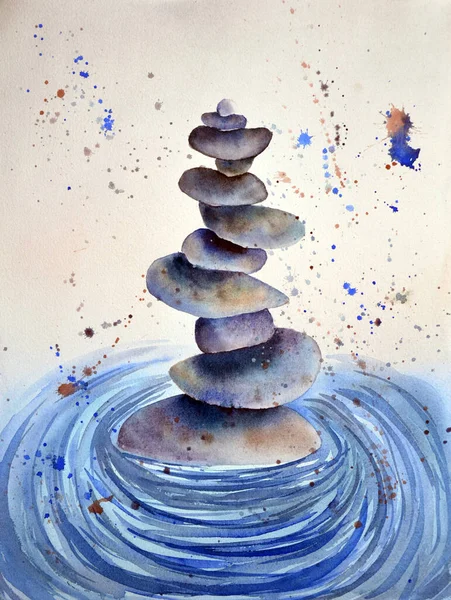 Ilustração aquarela de pedras da natureza com mandíbulas sob água clara — Fotografia de Stock