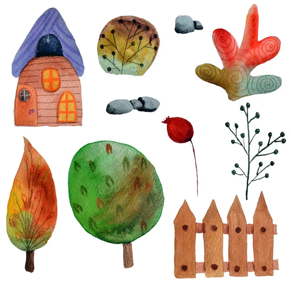 Watercolor hand painted fantasy set: trees, houses, plants at aotumn Royalty Free Stock Images