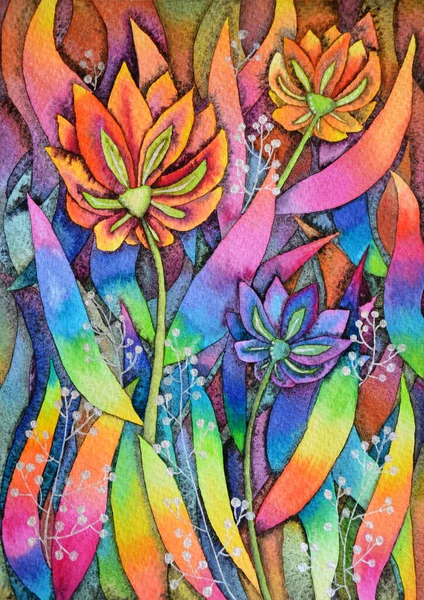 Exótico aquarela ilustração selva arco-íris folhas com flores Fotografias De Stock Royalty-Free