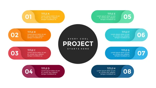 Infografía de flechas de círculo vectorial, diagrama de ciclo, gráfico de etiquetas, gráfico de presentación de pegatinas. Concepto de negocio con 8 opciones, partes, pasos, procesos. Plantilla deslizante . — Archivo Imágenes Vectoriales