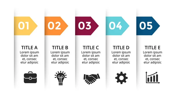 Frecce di carta vettoriale infografica, diagramma del ciclo, grafico delle etichette, grafico di presentazione adesivi. Concetto aziendale con 5 opzioni, parti, fasi, processi. Modello diapositiva . — Vettoriale Stock