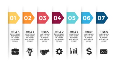 Vektör kağıt okları Infographic, afiş diyagramı, etiketleri grafik etiketleri sunum grafik. İş kavramı ile 7 seçenekleri, parçalar, adımları, işler. Slayt şablonu.