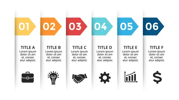 Vektor Papierpfeile Infografik, Banner Diagramm, Etiketten Diagramm, Aufkleber Präsentationstabelle. Geschäftskonzept mit 6 Optionen, Teilen, Schritten, Prozessen. Folienvorlage. — Stockvektor