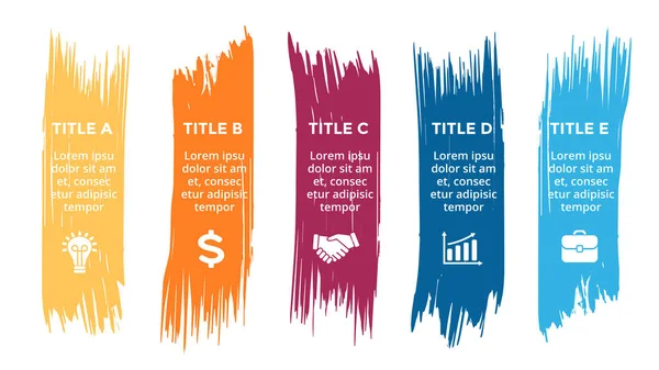 Wektor pędzla infografikę, schemat, etykiety wykresu w pociągnięcia pędzla, naklejki prezentacji. Koncepcja biznesowa z 5 Opcje, części, czynności, procesów. 16 x 9 slajdów Abstrakcja Szablon. — Wektor stockowy