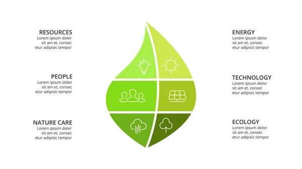 Modèle d'infographie vectorielle. Feuille verte. Présentation diapositive modèle. Concept d'entreprise avec 6 options, pièces, étapes, processus . — Image vectorielle