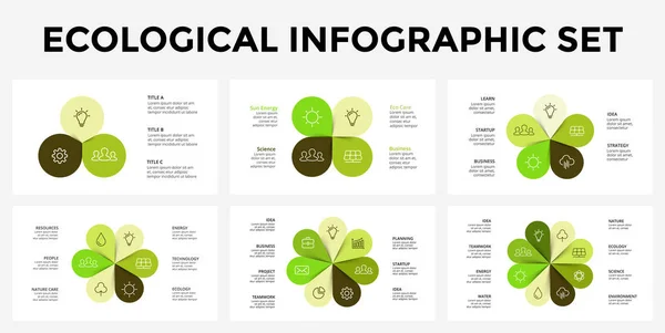 Vector infographic sjablonen instellen. Cyclusdiagram blad. De sjabloon van de dia van de presentatie. Eco zorg concept met 3, 4, 5, 6, 7, 8 opties delen, stappen, processen. — Stockvector