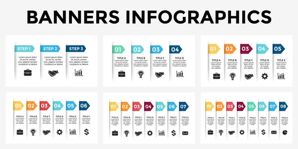 Vector pijlen banners infographic sjablonen instellen. Stickers papier dia van de presentatie. Zakelijke etiketten concept infographics. 3, 4, 5, 6, 7, 8 opties delen, stappen, processen. — Stockvector