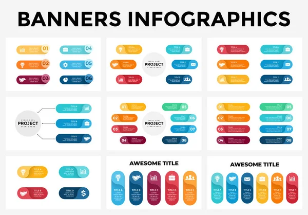 Bandeiras vetoriais conjunto de modelos infográficos. Adesivos apresentação slide. Infográficos de conceito de rótulos de negócios. 3, 4, 5, 6, 8 opções, peças, etapas, processos . — Vetor de Stock