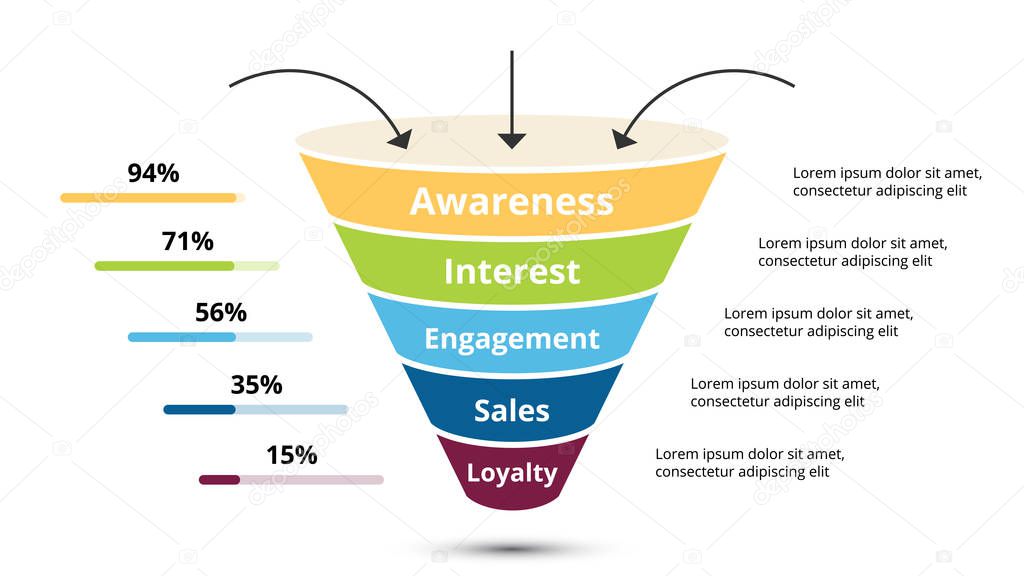 Vector sales funnel with arrows for marketing and startup business. Infographic template. Can be used for presentation slide. 5 steps, parts, options.