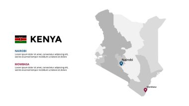 Kenya vektör haritası bilgi şablonu. Slayt sunumu. Küresel iş pazarlama konsepti. Renkli ülke. Dünya ulaşım coğrafyası verileri. 