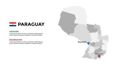 Paraguay vektör haritası bilgi şablonu. Slayt sunumu. Küresel iş pazarlama konsepti. Güney Amerika ülkesi. Dünya ulaşım coğrafyası verileri. 