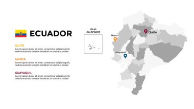 Ekvador vektör haritası bilgi şablonu. Slayt sunumu. Küresel iş pazarlama konsepti. Güney Amerika ülkesi. Dünya ulaşım coğrafyası verileri. 