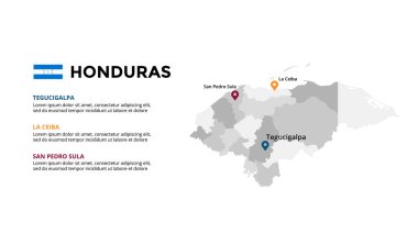 Honduras vektör haritası bilgi şablonu. Slayt sunumu. Küresel iş pazarlama konsepti. Kuzey Amerika ülkesi. Dünya ulaşım coğrafyası verileri. 