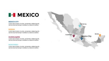 Meksika vektör haritası bilgi şablonu. Slayt sunumu. Küresel iş pazarlama konsepti. Kuzey Amerika ülkesi. Dünya ulaşım coğrafyası verileri. 