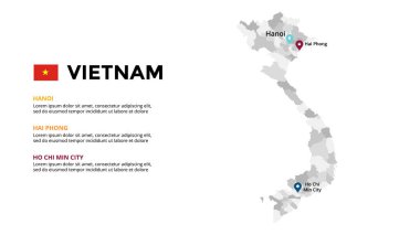 Vietnam vektör haritası bilgi şablonu. Slayt sunumu. Küresel iş pazarlama konsepti. Asya ülkesi. Dünya ulaşım coğrafyası verileri. 