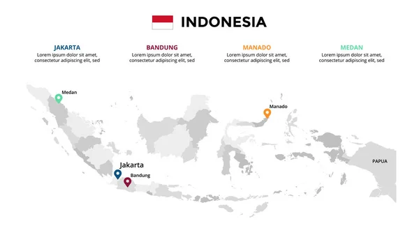 Indonesia mapa vectorial plantilla infográfica. Presentación de diapositivas. Concepto de marketing empresarial global. Asia país. Datos geográficos del transporte mundial. — Vector de stock