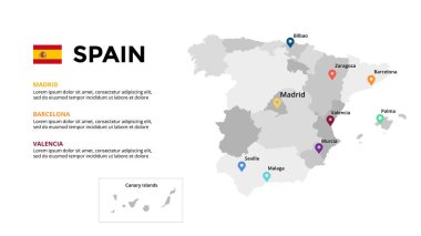 İspanya vektör haritası bilgi şablonu. Slayt sunumu. Renkli Avrupa ülkesi. Madrid, Valencia, Palma, Seville, Malaga, Bilbao, Murcia, Zaragoza.