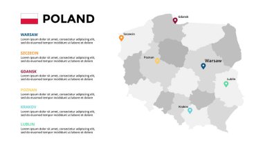 Polonya vektör haritası bilgi şablonu. Slayt sunumu. Varşova, Krakow, Gdansk, Szczecin, Poznan, Lublin. Renkli Avrupa ülkesi. Dünya ulaşım coğrafyası verileri. 