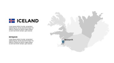 İzlanda vektör haritası bilgi şablonu. Slayt sunumu. Küresel iş pazarlama konsepti. Renkli Avrupa ülkesi. Dünya ulaşım coğrafyası verileri. 