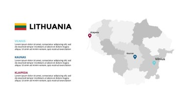 Litvanya vektör haritası bilgi şablonu. Slayt sunumu. Küresel iş pazarlama konsepti. Renkli Avrupa ülkesi. Dünya ulaşım coğrafyası verileri. 