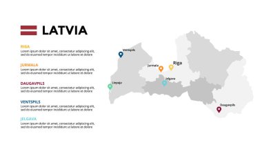 Letonya vektör haritası bilgi şablonu. Slayt sunumu. Küresel iş pazarlama konsepti. Renkli Avrupa ülkesi. Dünya ulaşım coğrafyası verileri. 