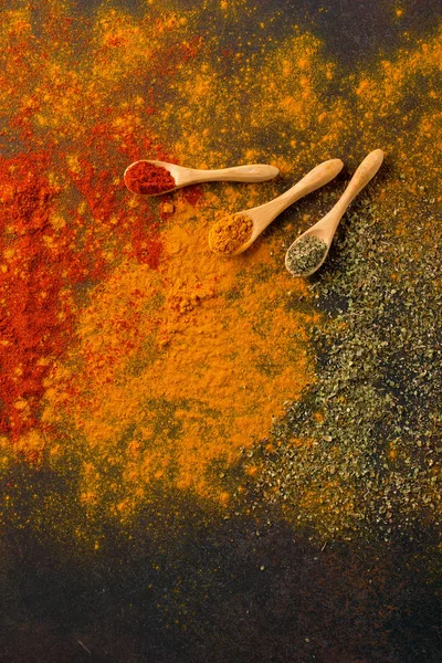 Spices Herbs Dark Background Paprika Curcuma Chili Pepper Parsley Basil — Stock Photo, Image