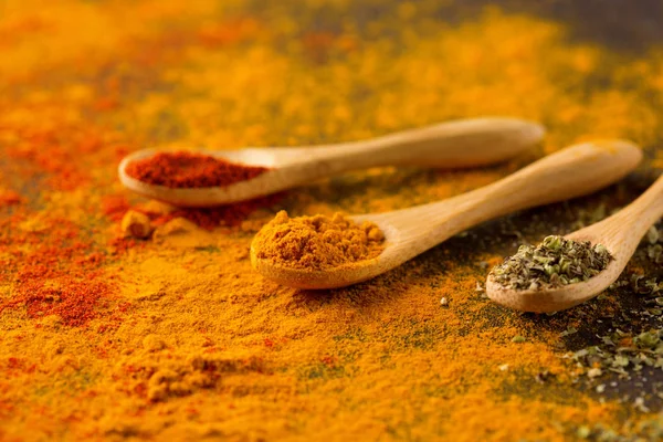 Spices Herbs Dark Background Paprika Curcuma Chili Pepper Parsley Basil — Stock Photo, Image