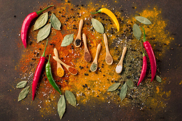Herbs and spices selection (turmeric, paprika, Bay leaf, salt, chili pepper) on dark rustic background, top view