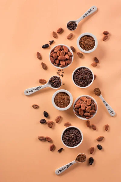 Doğal kakao çekirdekleri, kakao uçları ve kakao tozu — Stok fotoğraf