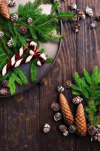Weihnachtsschmuck, Tannenzweige und Tannenzapfen — Stockfoto