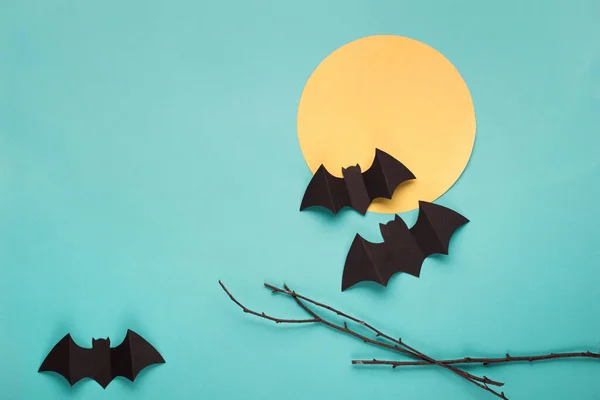 Halloween Paper Decorations Blue Background Black Bats Tree Branch Moon — Stock Photo, Image