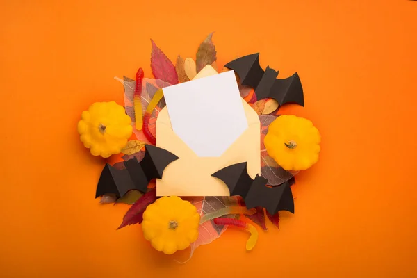 Halloween Paper Decorations Orange Background Black Bats Pumpkins Autumn Leaves — Stock Photo, Image