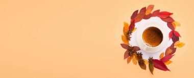 Bej arka planda sonbahar süslemeleri. Tatil, sonbahar, Cadılar Bayramı, Şükran Günü konsepti. Düz yerde, üst tarafta, tepede. Şükran Günü partisi tebrik kartı bir fincan kahve ve fotokopi alanı eşliğinde.. 