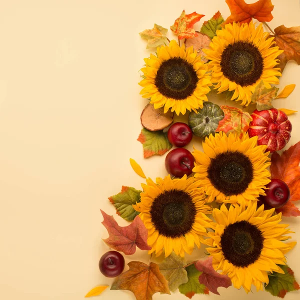 Herbstferienkomposition Sonnenblumen Getrocknete Blätter Kürbisse Äpfel Und Vogelbeeren Auf Gelbem — Stockfoto