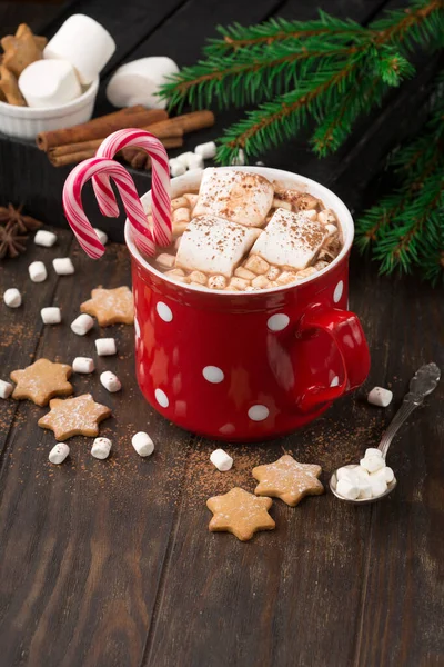 大红杯热巧克力饮料与棉花糖 姜饼饼干 糖果手杖和肉桂在黑暗的木制背景 冬天的时候假日概念 选择性重点 — 图库照片