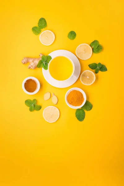 Herbal Tea Turmeric Mint Ginger Lemon Honey Paper Yellow Background — Stock Photo, Image