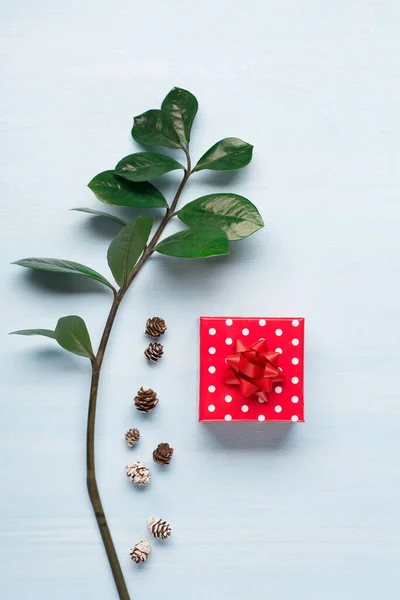 Sfondo Natalizio Blu Rosso Verde Regalo Natale Piccoli Coni Abete — Foto Stock