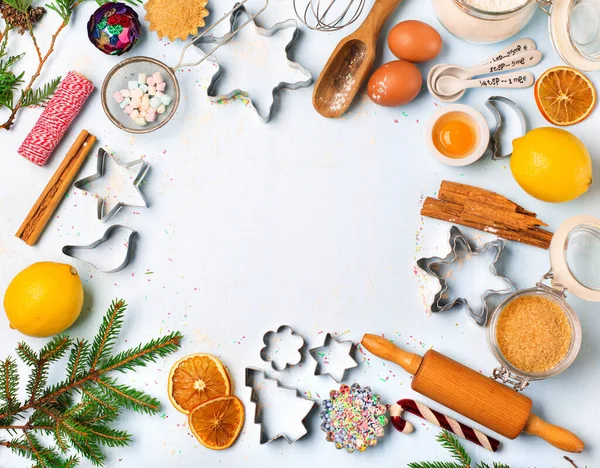 Bakken Ingrediënten Voor Zelfgemaakt Kerstgebak Blauwe Rustieke Houten Achtergrond Kerst — Stockfoto